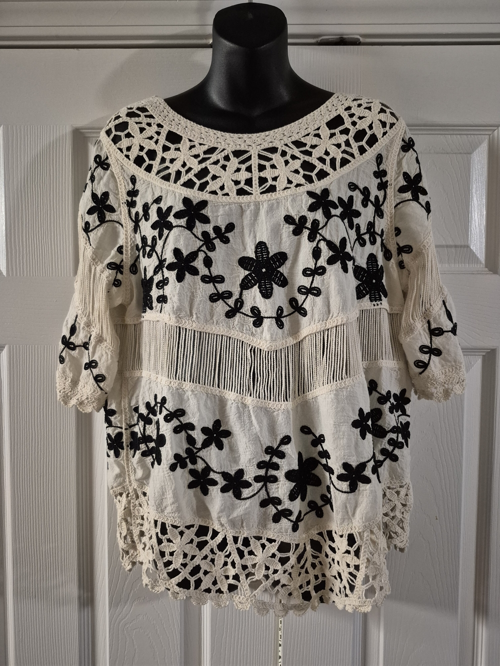 Ivory Crochet Tunic Blouse with Black Floral Embroidery
